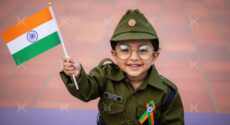 Happy Indian child celebrates independence, dressed in military