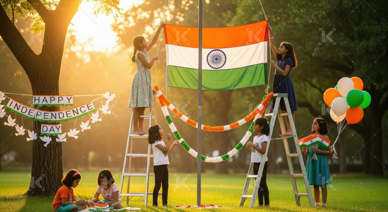 Indian Children Joyfully Celebrating Independence Day with Natio