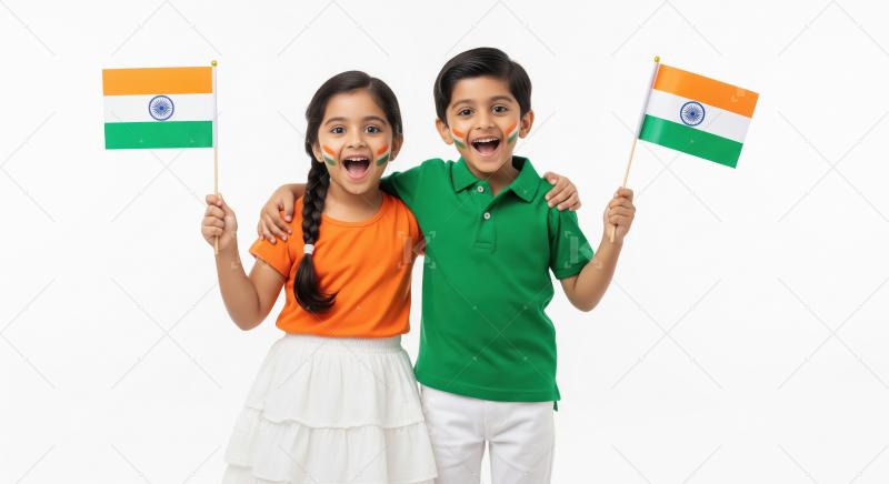 Happy Indian Children Celebrate Patriotism with National Flags a