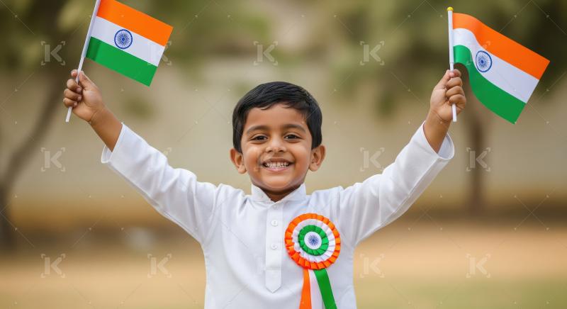 Happy Indian Boy Celebrating with National Flags