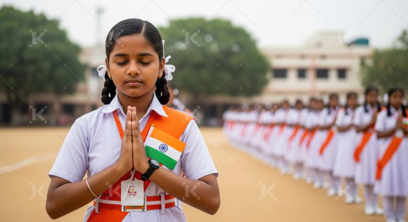 Patriotic Indian Schoolgirl Praying with National Flag during Ce