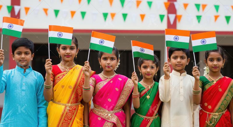 Young Indian Children Proudly Holding Flags for National Festiva