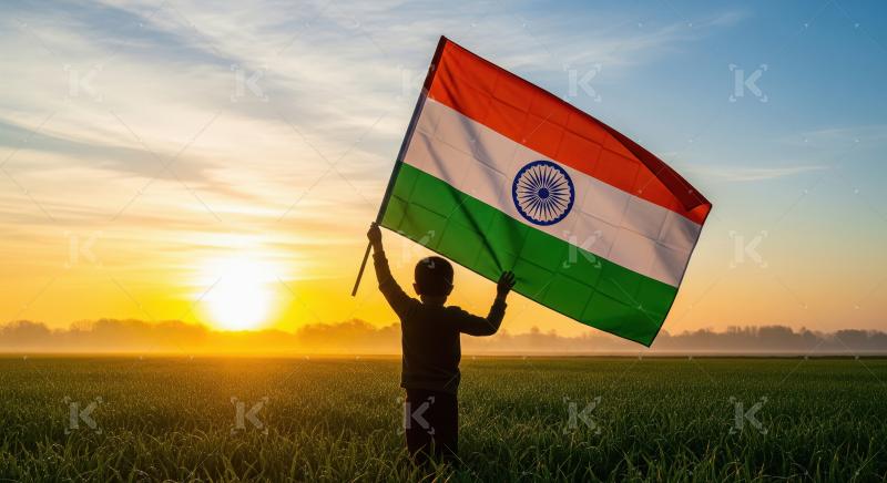 Silhouette of child holding India flag at golden sunrise