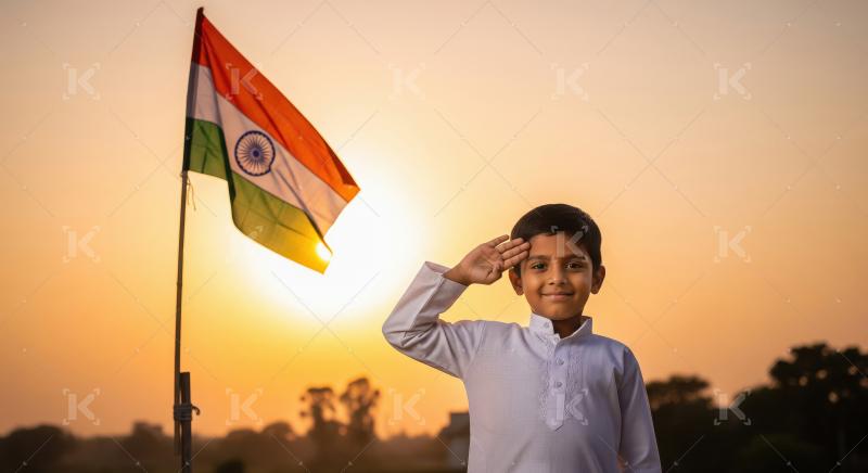 Patriotic Indian Boy Saluting National Flag During Golden Hour