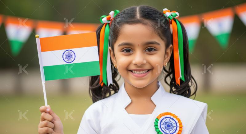 Happy Indian Girl Joyfully Holding Flag, Celebrating National Pr