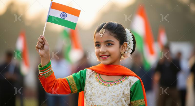 Happy Indian Girl Joyfully Waving National Flag on Celebration D