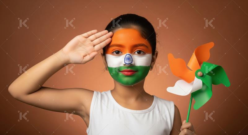 Patriotic Indian Girl Saluting with Flag-Painted Face and Pinwhe