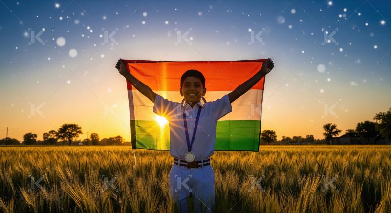 Young Indian Boy Proudly Holds Flag in Golden Wheat Field