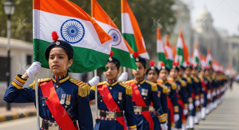 Young Indian Cadets Marching with National Flags