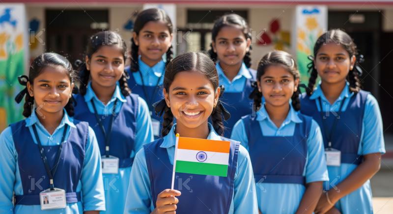 Happy Indian Students Proudly Displaying Flag at School