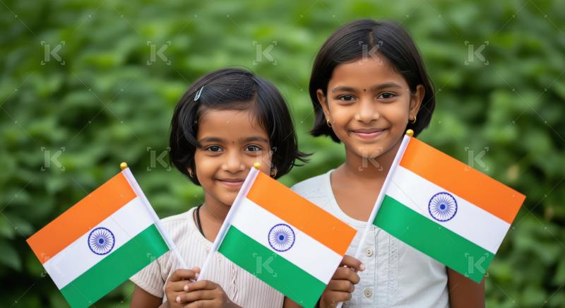 Two Indian girls proudly holding national flags outdoors.
