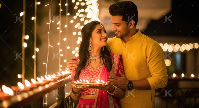 Young indian couple holding oil lamp plate celebrating diwali fe