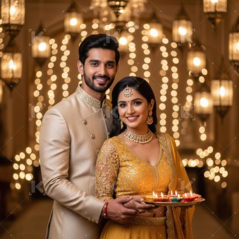 Young indian couple holding oil lamp plate celebrating diwali fe