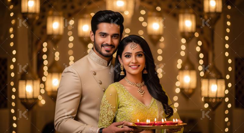 Young indian couple holding oil lamp plate celebrating diwali fe