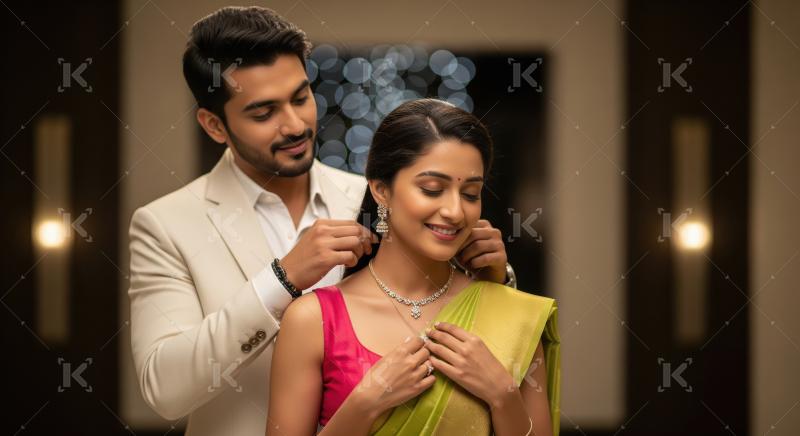 Young indian man giving necklace gift on diwali festival