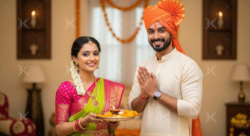 Young indian couple celebrating diwali festival together at home