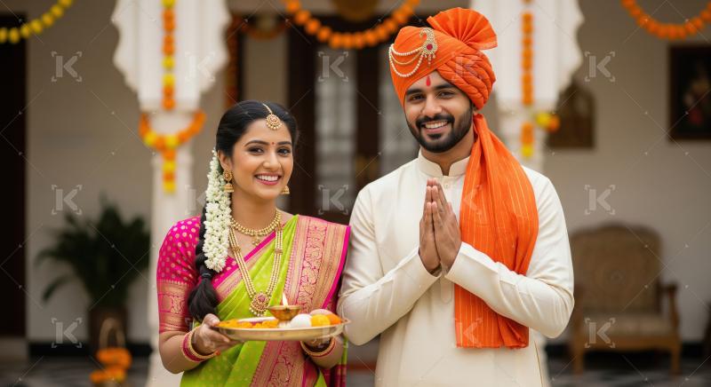 Young indian couple celebrating diwali festival together at home