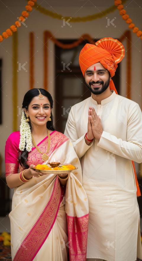 Young indian couple celebrating diwali festival together at home