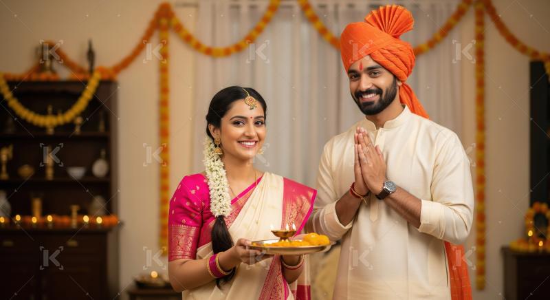 Young indian couple celebrating diwali festival together at home