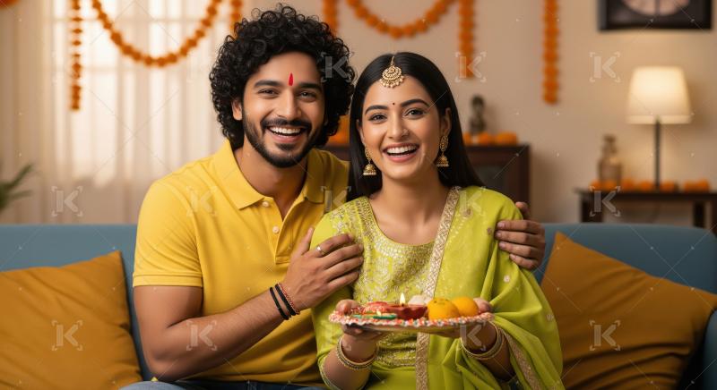 Young indian couple celebrating diwali festival together at home