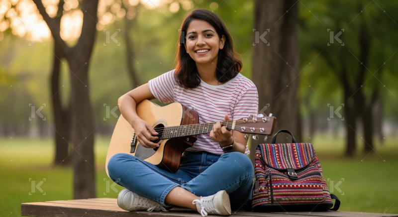 Young beautiful girl playing guitar sitting on bench at park