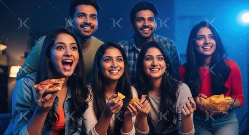 Young indian friends watching tv together and enjoying pizza and