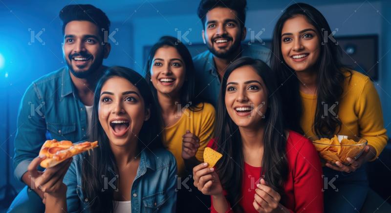 Young indian friends watching tv together and enjoying pizza and