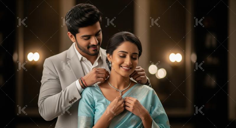 Young indian man giving necklace gift on diwali festival