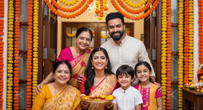 Happy indian family celebrating diwali festival together at home