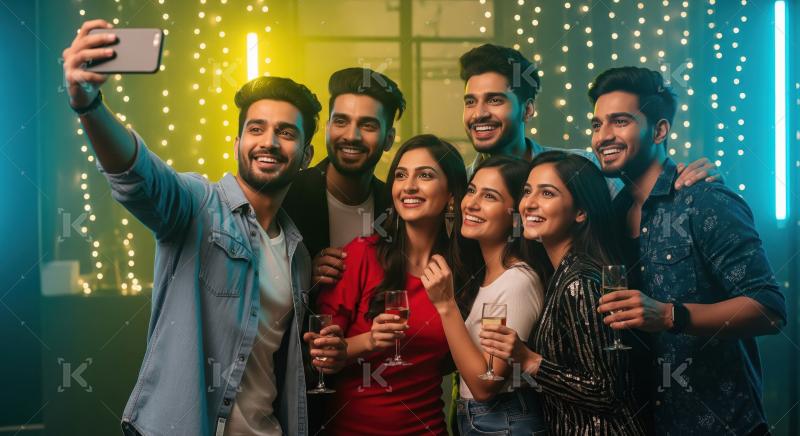 Young indian friends watching tv together and enjoying pizza and