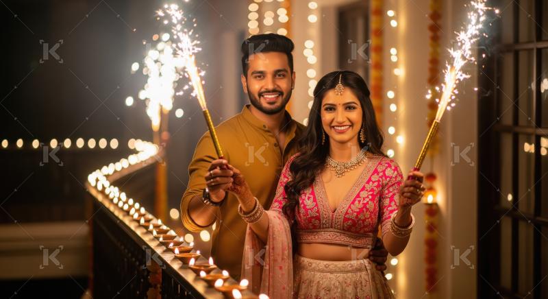 Young indian couple holding sparkle together on diwali festival