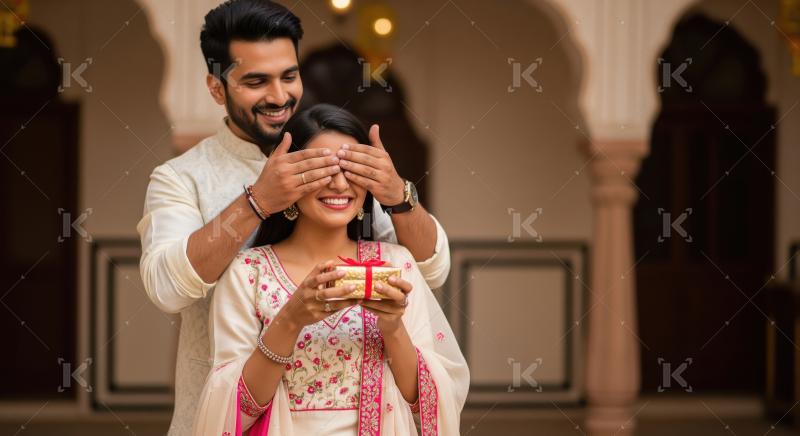 Young indian man present surprise gift to wife on diwali festiva