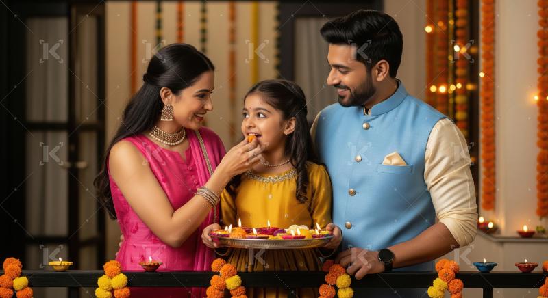 Happy indian family celebrating diwali festival together at home