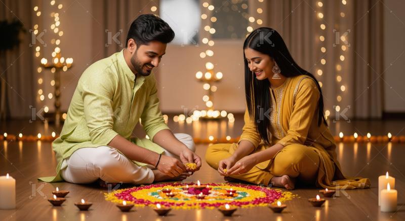 Young indian couple placing diya on diwali festival at home