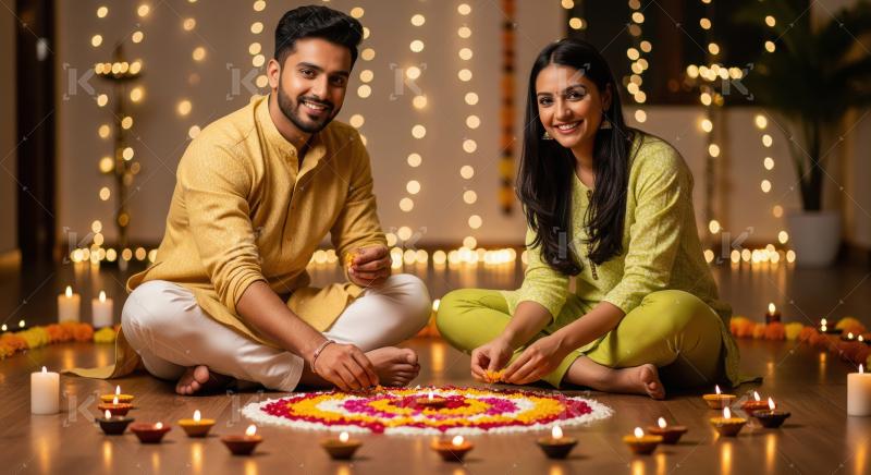 Young indian couple placing diya on diwali festival at home