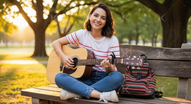 Young beautiful girl playing guitar sitting on bench at park