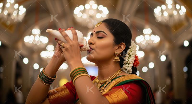 Young indian woman playing conch on diwali festival at home
