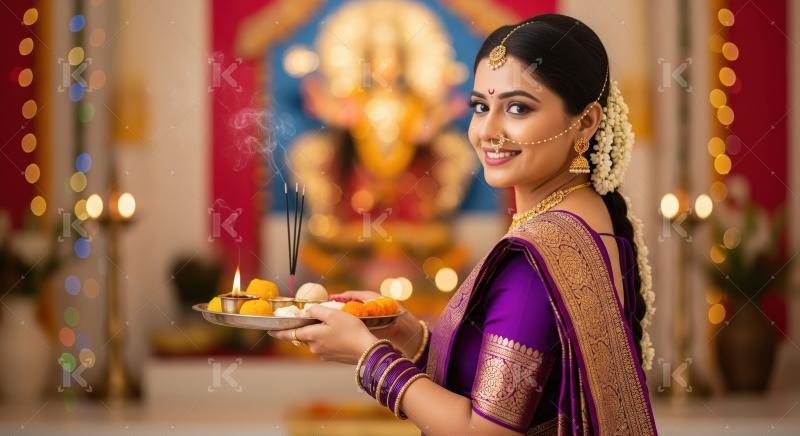 Young indian woman holding pooja thali doing pooja on diwali fes