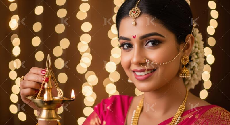 Young indian woman holding pooja thali doing pooja on diwali fes