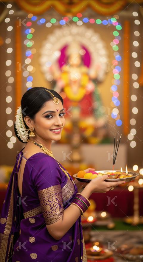 Young indian woman holding pooja thali doing pooja on diwali fes