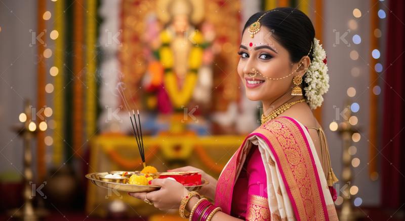 Young indian woman holding pooja thali doing pooja on diwali fes