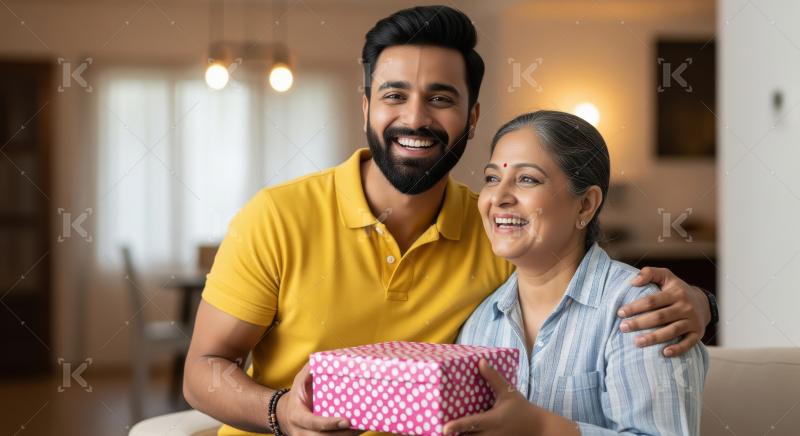 Young indian son giving gift to mother on diwali festival
