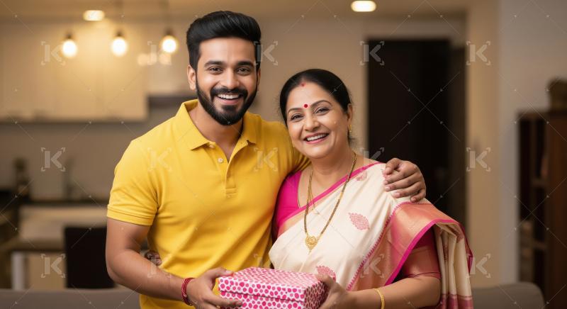 Young indian son giving gift to mother on diwali festival