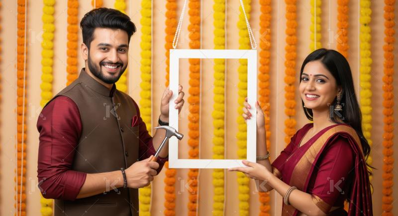 Young indian couple holding a decorative photo frame and hammer
