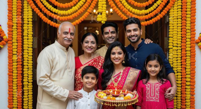 Happy indian family celebrating diwali festival together at home