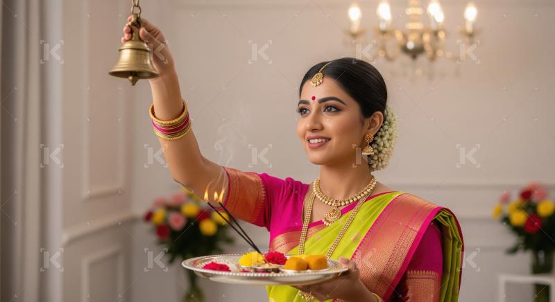 Young indian woman holding pooja thali doing pooja on diwali fes