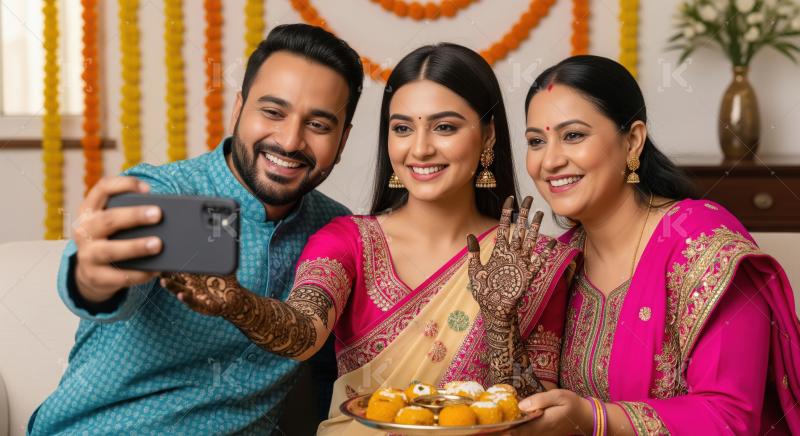 Happy indian family taking selfie with smartphone on diwali fest