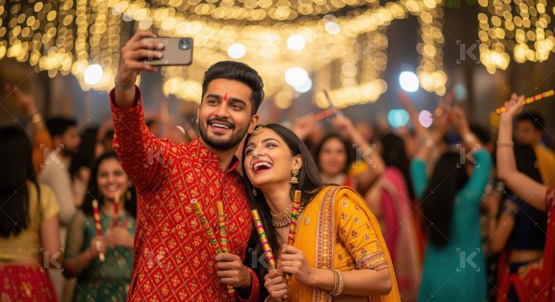 Young indian couple playing garba and taking selfie with smartph
