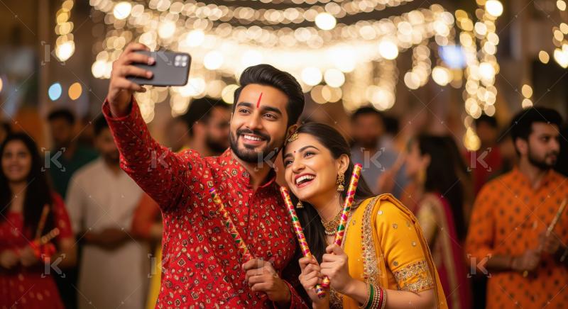 Young indian couple playing garba and taking selfie with smartph