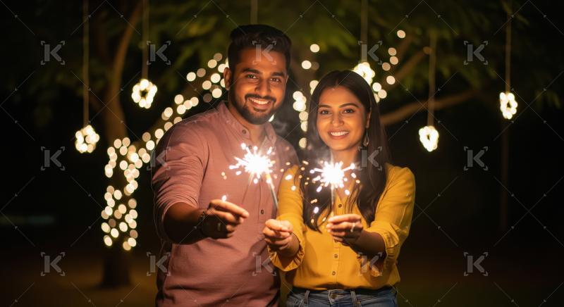 Young indian couple holding sparkle together on diwali festival